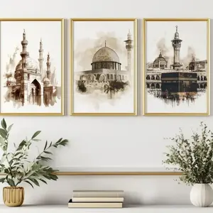 3pcs Frameless Muslim Jerusalem Mecca Medina Mosque Wall Art Print Canvas Poster, Living Room Decoration, Watercolor Painting