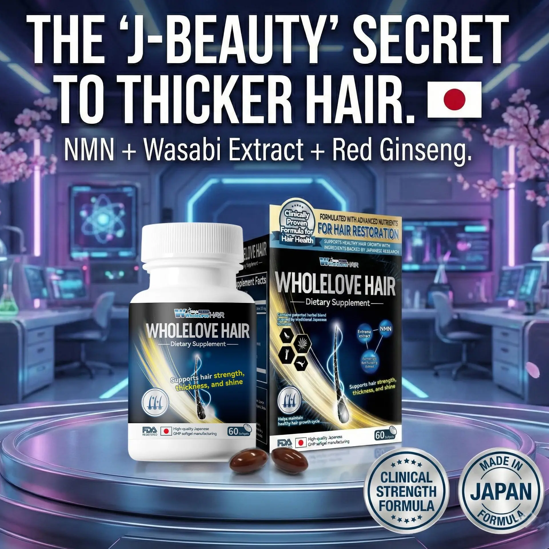 BI GVTA Hair + | Fast Hair Regrowth for Thicker,Fuller Hair | Wasabi , Eutrema, Fermented Red Ginseng,Saw Palmetto Extract | Hair Loss Support for Women & Men | Inflammation Relief & NMN Antioxidante Supplement- 60 Vegetarian Softgels