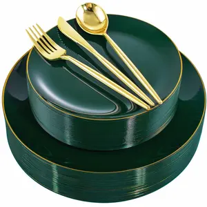 150pcs Golden Plastic Plates Disposable Green Plastic Plates With Golden Rim Disposable Dinnerware: 30 Green Dinner Plates, 30 Dessert Plates, 90pcs Golden Cutlery For Party, Wedding & Mothers Day