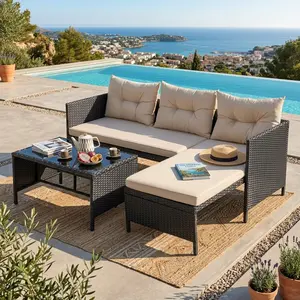 Outdoor L-Shaped Rattan Patio Sofa Set 3 Piece Conversation Furniture with Chaise Lounge Loveseat Soft Padded Cushion Tempered Glass Table for Yard Pool Deck Home Use