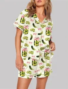 Coquette Pickle Jar Satin Pajamas for Women, Cute Bow Foodie Sleepwear, Funny Holiday Gift Idea