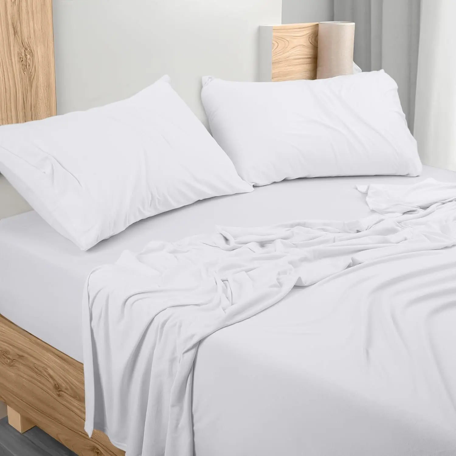 Bed Linen Set - Jersey Knit Sheets 4 count Set - Cotton Jersey Soft Stretchy Sheets (, White)