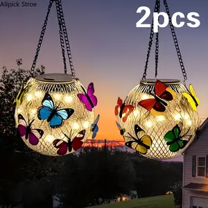 2PCS Solar Butterfly Garden Lanterns, Waterproof Metal Hanging Outdoor Lights with LED Glow, Decorative Butterfly Solar Lanterns for Patio, Porch, Backyard, Lawn and Garden Decor, Charming Landscape Lighting Gift for Mom, Garden Lovers and Holidays