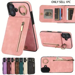 Fashion Retro Vintage Zipper Ring Leather Imitation Phone Case, Compatible with iPhone 17, Air 16E, 15, 14, 13, 12, 11 Pro Max, Plus 13 Mini, with Zipper, Ring Buckle, and Card Slot