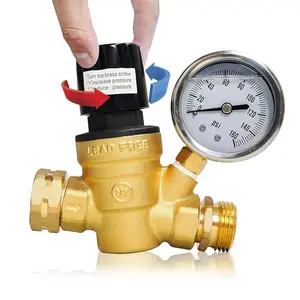 RV Water Pressure Regulator, Adjustable Handle Brass Water Pressure Regulator, Water Pressure Reducer with Gauge and Inlet Screened Filter for RV Camper Travel Trailer