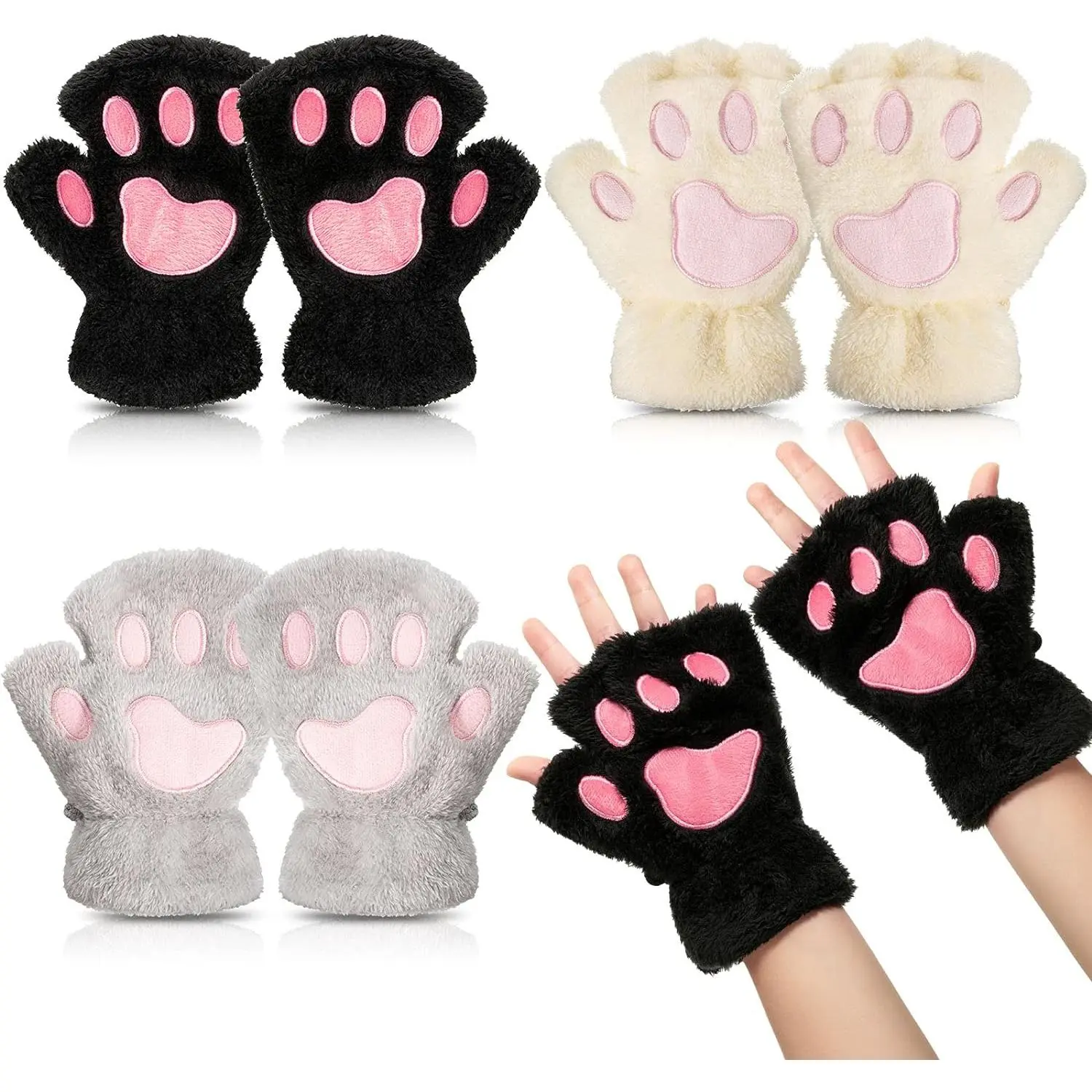 Girls/Women's 3 Pairs Coral Fleece Cat Paw Gloves - Warm Half-Fingered Kawaii Lanyard Strap Gloves for Winter Halloween Cosplay