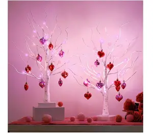 Valentines Day Decor 2Pack Birch Tree with Heart-Shaped Ornaments, Lighted Artificial Tree with 24 LED Pink&Red Lights, Light Up Twig Tabletop Trees