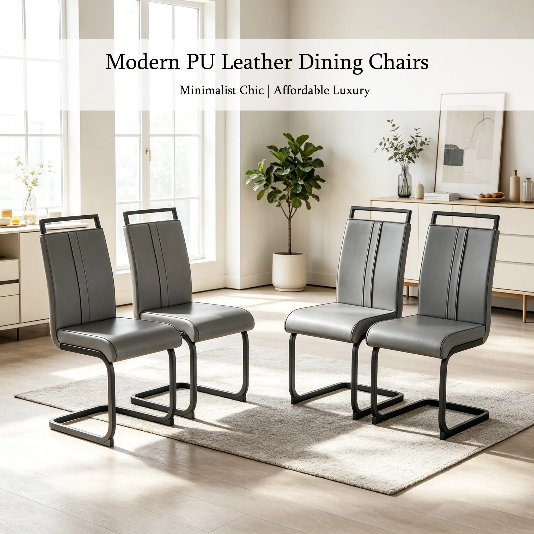 Modern PU Leather Dining Chairs Set of 4, High Back Upholstered Chairs w/ C-Shaped Black Metal Legs, Space-Saving for Small Apts/Kitchen/Coffee Corner, Grey chiavari fabric seating indoor furniture room