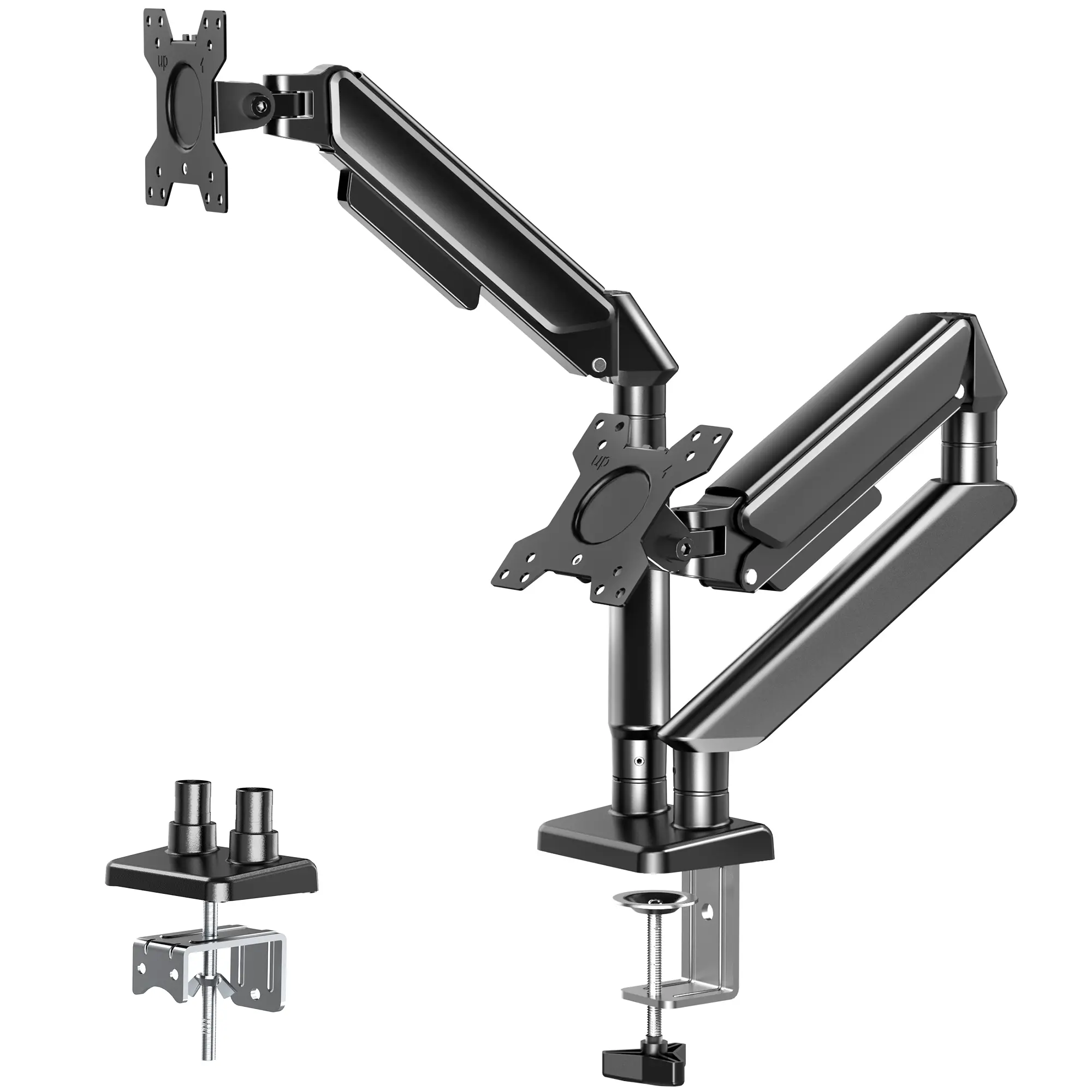 WHYFONE Ergonomic Dual Monitor Arm Stand Full Motion Adjustable Desk Mount with Gas Spring Mechanism & Cable Management for 13-32 Inch Screens
