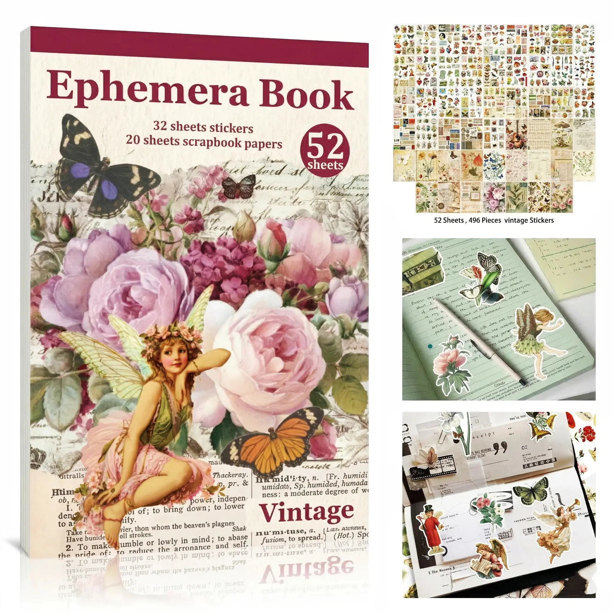 52 Sheets Vintage Ephemera Sticker Book – 32 Sheets Stickers & 20 Sheets Scrapbook Papers, DIY Crafting, Scrapbooking & Journaling Supplies for Vintage Lovers #Summervibes