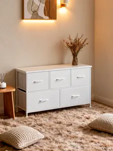 Modern White 5-Drawer Storage Dresser – Minimalist Bedroom Chest of Drawers, Large Capacity Organizer Cabinet for Living Room or Entryway