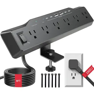 Desk Clamp Power Strip Surge Protector, 6 Outlets, Flat Plug, 1800J, 4 USB-C Ports (Any Port 35W), for  & Office, Flame-Retardant PC-ABS Housing, Fits 1.96" Desk Edge, Black
