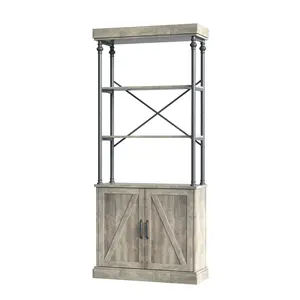 73.6" Tall Industrial Bookshelf with Cabinet | 4-Tier Vintage Bookcase | Gray / Vintage Finish | Wood & Metal Storage Shelf for Living Room, Office & Kitchen