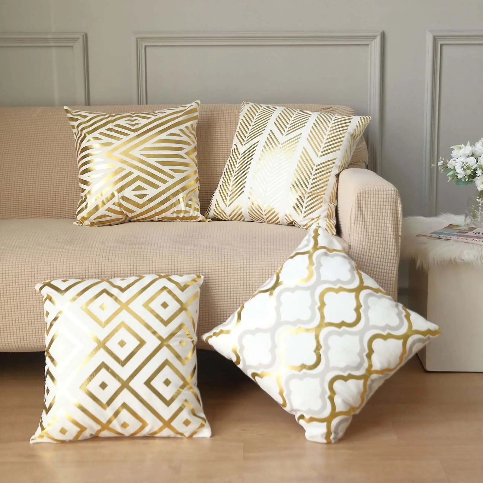 4-Pack White-Gold Foil Geometric Print Velvet Throw Pillow Covers, 18in Square Cushion Covers for Couches and Sofas, Machine Washable Gold House Decor Accessories