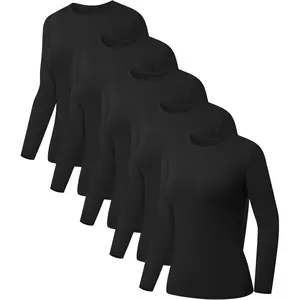5 Pack Womens Basic Long Sleeve Shirts Crew Neck Slim-Fit Fitted T Shirts Tops Undershirts Underscrub Baselayer