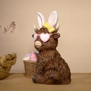 1PC Rabbit Ears Highland Cow Easter Home Resin Creative Ornament Garden Courtyard Decoration Gift