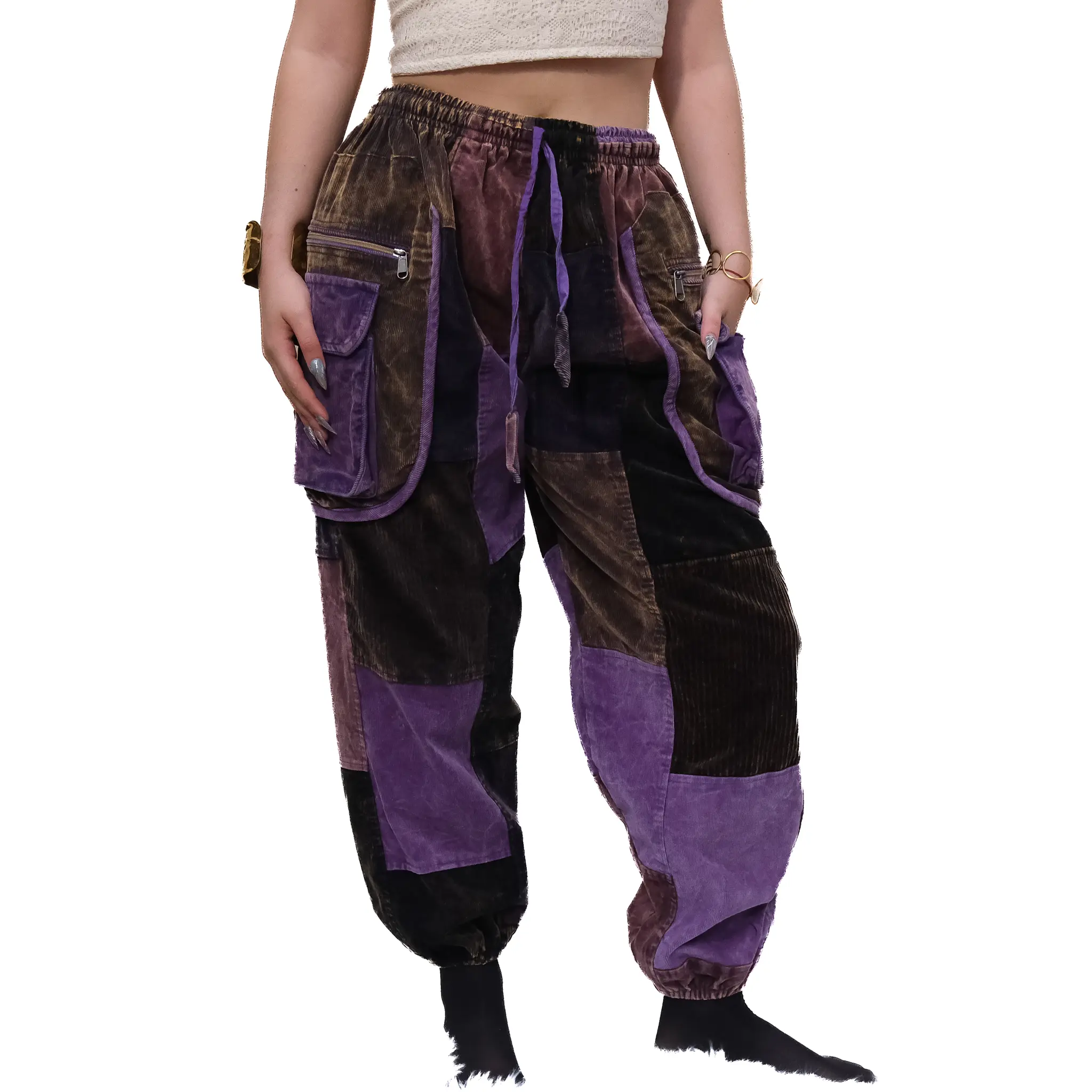 Patchwork Corduroy Baggy Tapered Cuffed Pants - Unisex  Compatible, Soft Unisex Boho Hippie Gothic Warm Fall Winter Trousers, Multi-Pocket Handmade Stylish Earth Tone Free Spirit XS-3XL Pants