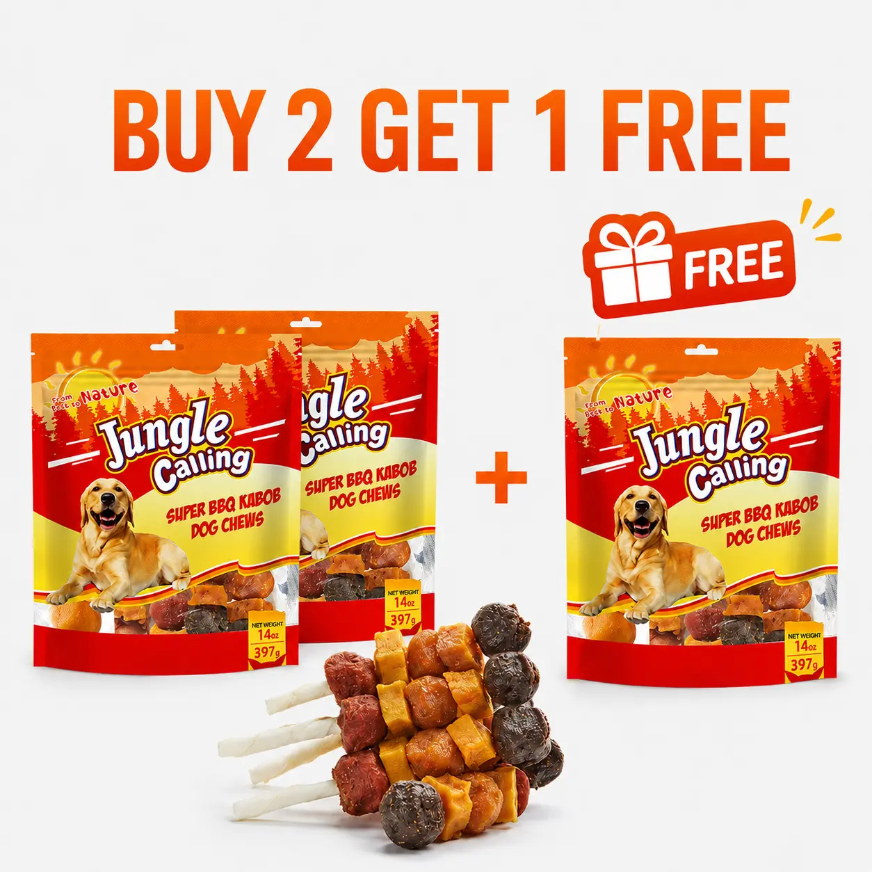 [Buy 2 Get 1 Free」Jungle Calling Chicken, Duck, Beef, Sweet Potato & Pumpkin Kabob Dog Treats, Multi-Flavor Dog Chews, Rawhide Sticks, Kabob Chew Treats, Training Rewards, Chewy Dog Snacks, Pet Treats, Dog Snack Sticks for Small, Medium & Large Dogs