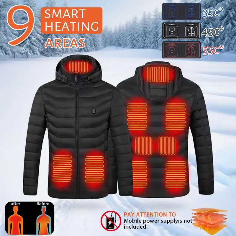 Menswear 9-Area Smart Electric USB Heating Hooded Jacket, Unisex Winter Thermostat Coat with Round Neck, Plain Design, Full Zip, Polyester Blend Fabric, Outdoor Wear, Smart Heating, Solid Plain, Unisex Sizing, Casual Basic