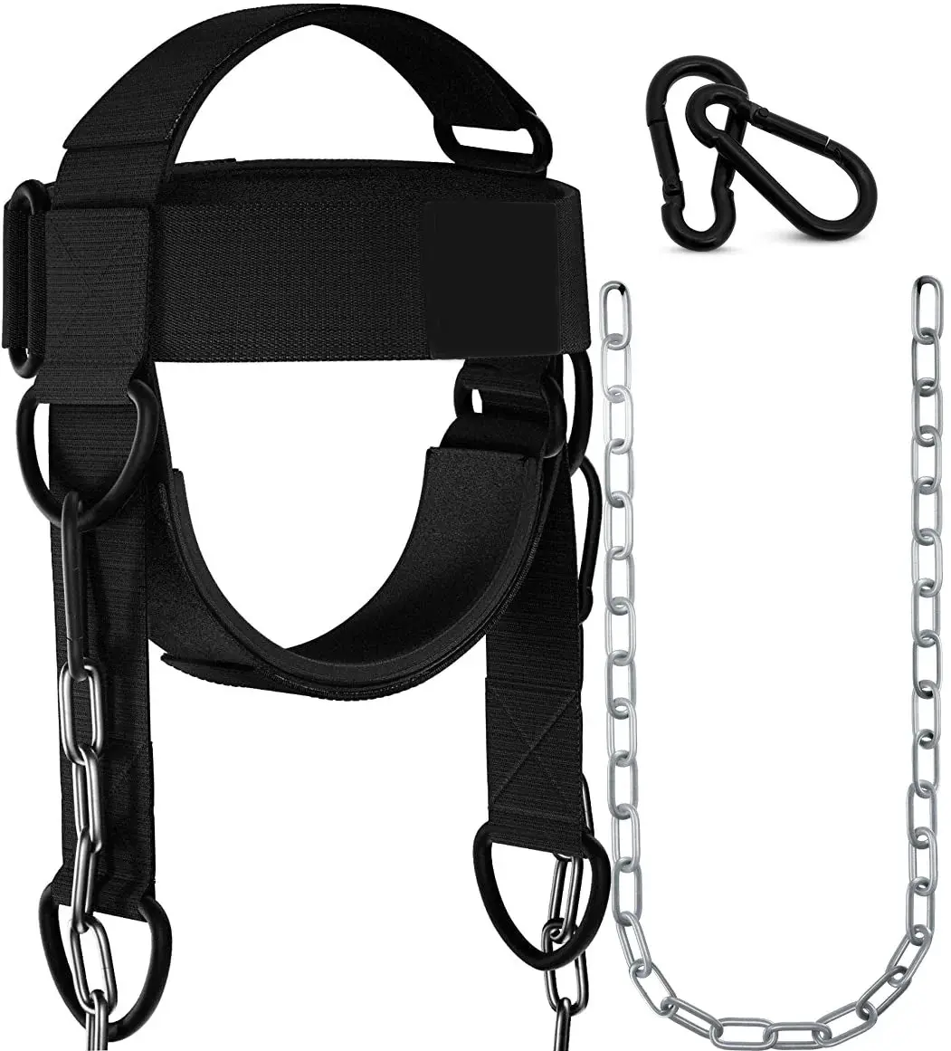 Fitness Neck Harness for Weight Lifting - Soft Padded Head & Chin Strap with 30" Heavy Duty Steel Chain - Neck Exerciser, Trainer & Strengthener to Support Injury Recovery and Intense Workouts