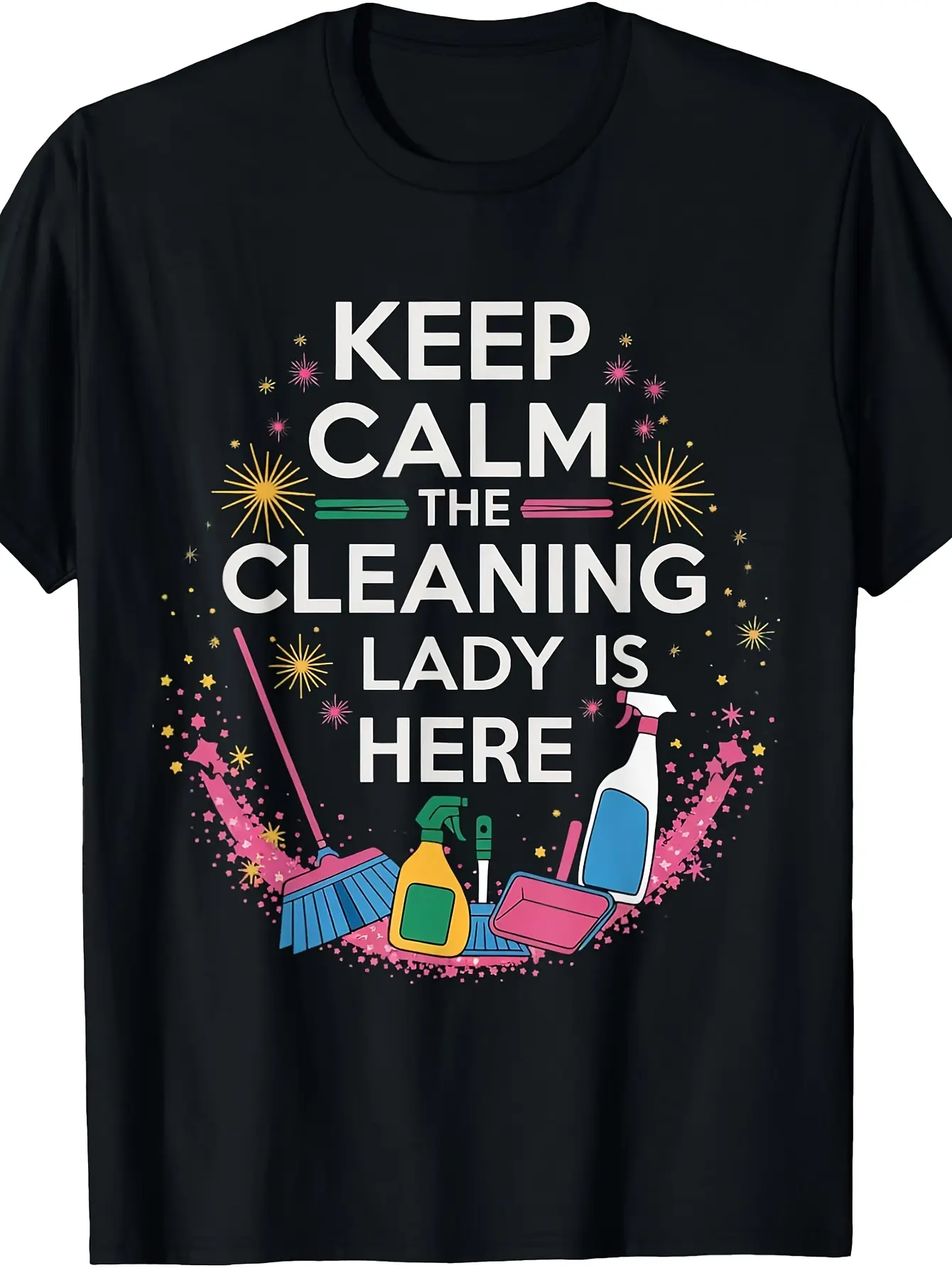 Retro Cleaning Lady Maid Janitor Custodian T-Shirt - Suitable for Housekeeper Apparel, Machine Washable Round Neck Tee with Janitorial, Casual Uniform for Maid Service & Custodial Staff