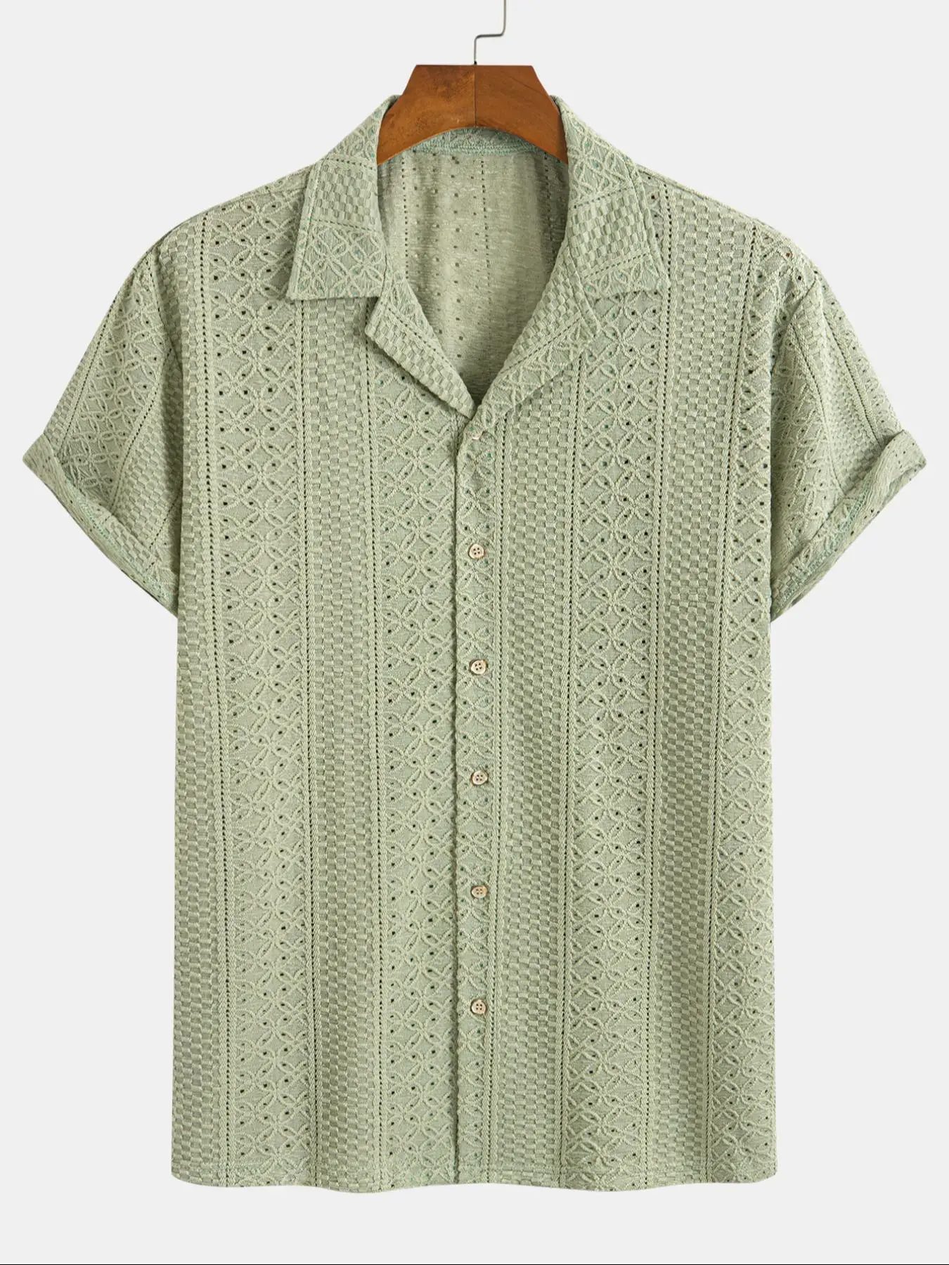 Men's Geometric Jacquard Short Sleeve Shirt, Loose Casual Comfy Breathable Top for Summer, Men's Clothes for Daily Wear, Tropical