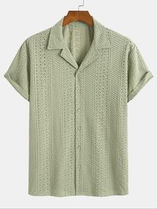 men's geometric jacquard short sleeve shirt, loose casual comfy breathable shortsleeve top for summer, casual soft fit men's clothes for daily wear, breathable casual button collared menswear