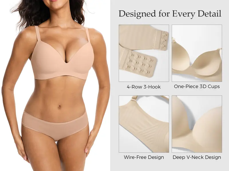 VRCOMFY Women’s T-Shirt Wireless Bra, Wirefree Comfortable Bra, Plunge Bra, Smooth Straps Womenswear, Everyday Wear