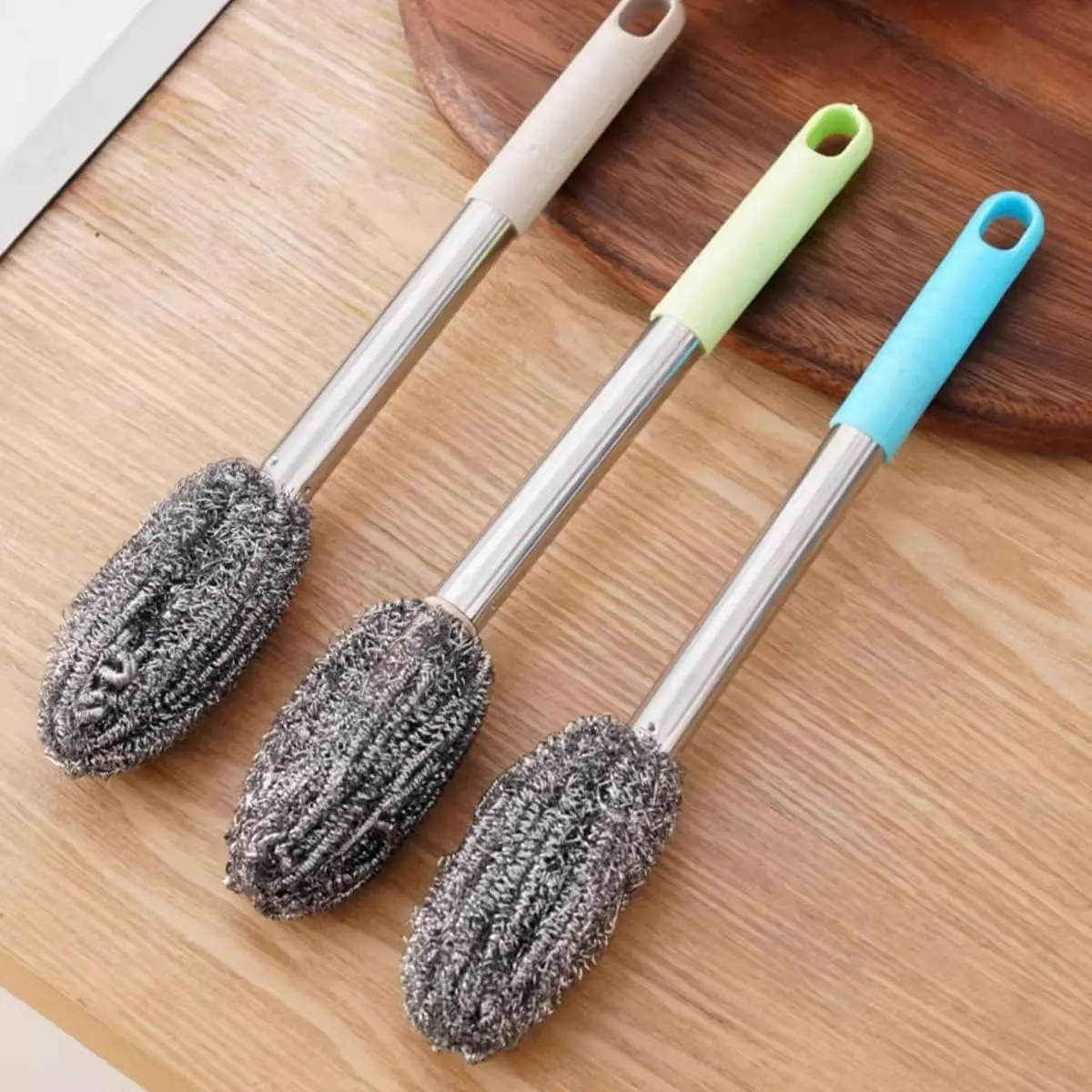 Steel Wool Scrubber Brush Set - 3-Piece Long-Handle Dishwashing Tool for Kitchen Cleaning - Durable & Effective for Tough Stains(random color)