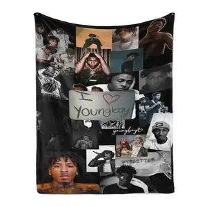 Young boy collage of Christmas gift felt blanket with black background and artist's portrait. Young boy text & YBBETTER brand soft holiday gift hip-hop fan