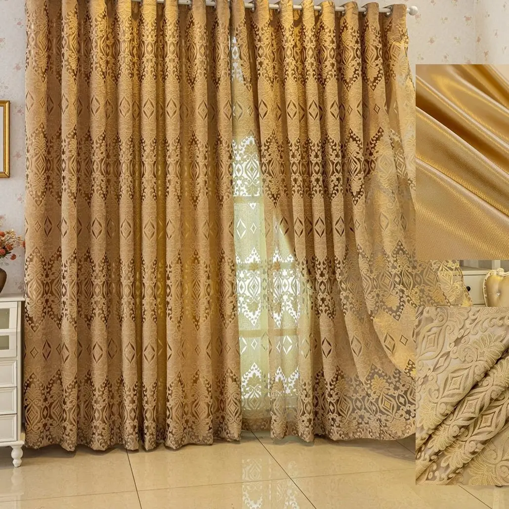 European Style Blackout Privacy Grommet Curtains, 2pcs Coffee Color Hollow Out Design, Double Layer Finished Window Drapes for Home Decoration, Home Decorative Curtain