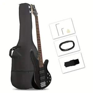 44-Inch 4-String Electric Bass Guitar, GIB H-H Pickups, Laurel Wood Fingerboard, Adjustable Guitar Bridge, Black Finish, Carry Bag & Accessories