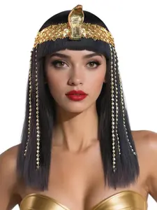 Cleopatra Wig for Women with Bangs, Egyptian Cleopatra Cosplay Wig with Headdress, Short Straight Bob Hair for Halloween Costume