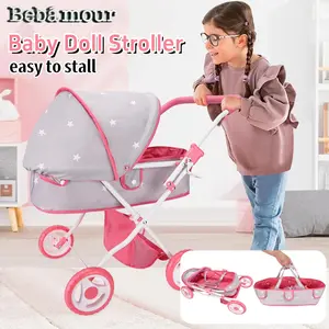 Bebamour Foldable Portable Pink Dolls Stroller Toy Baby Doll Pram Stroller Set - Dolls Up to 18" with Pink Removable Bassinet Doll Carriage with Adjustable Canopy for Toddlers Girls