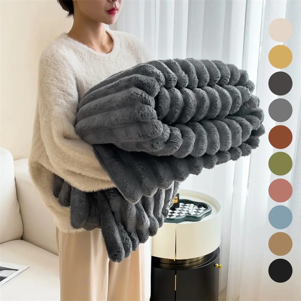 Faux Rabbit Fur Soft Fleece Blanket, Soft Warm & Cozy Throw Blanket, Versatile All-Season Gift for Home, Office & Travel, Twin/Full/Queen/King Sizes Available, Christmas Gifts & Christmas Gifts for GF