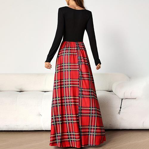 Women's Elegant Red and Black Plaid Maxi Dress - Fashionable Long Sleeve A-Line Dress - Round Neck Polyester Comfortable Fit for All Seasons - Long Sleeve Dress Casual Fabric summer outfits mom sundresses camel royal outfit Womenswear Knitted