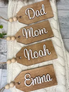 Mahogany Wood Christmas Stocking Tags with personalized name Durable Decoration Farmhouse Wedding Wooden Ornaments Ivory Gift Pack Room, Laser engraved Christmas stocking tags