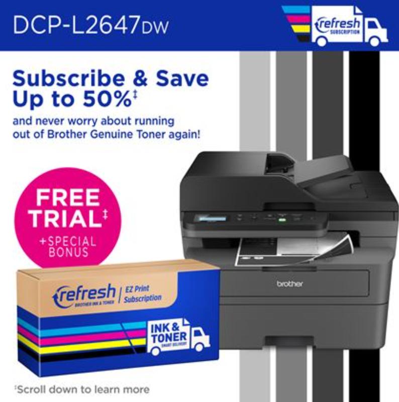 Brother DCP-L2647DW Wireless Compact Monochrome Multi-Function Laser Printer with Print Copy Scan Duplex Mobile Printing 1200 Black Pages Yield