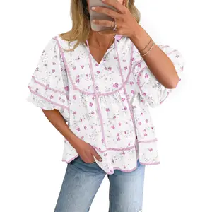 Womens Summer Floral Babydoll Tops V Neck Short Lantern Sleeve Shirts Cute Loose Fit Flowy Blouses