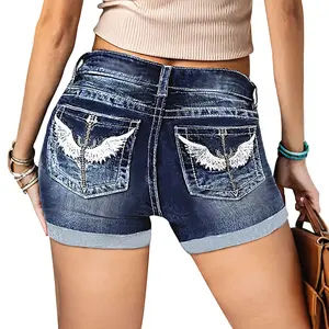 Washed Cat Whisker Patterned Wings Embroidered Back Pocket Denim Shorts for Women in Plus Size, Tight Fitting and Comfortable for Outdoor Wear