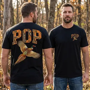 Pop Camo Pheasant Graphic Tee, Men's Hunting T-Shirt, Grandpa Gift Shirt, Black Casual Outdoors Top, Father's Day Gift