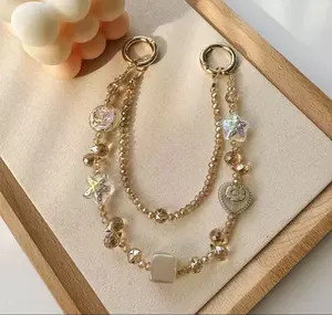 Retro Champagne Double-Layer Mobile Phone Chain Light Luxury Handmade Key Bag Pendant with Heart and Star Charms