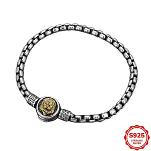 S925 Sterling Silver Lion Head Spinner Men’s Bracelet, Retro Oxidized Silver Chain with Geometric Engraved Links for Casual & Formal Wear