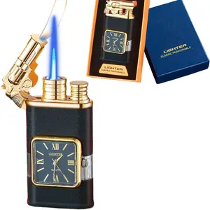 Double Flame Creative Windproof Torch Lighter Portable Lighter That Can Be Repeatedly Refilled With Butane Gas Retro Quartz Dial Torch Lighter Men's Gift Gift Box Packaging (Butane Gas Not Included)