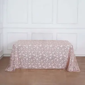 Tulle Rectangle Tablecloth 90"x156" Rose Gold with Embroidered Sequin Leaf Table Cover