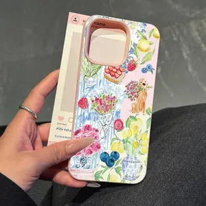1 piece faux leather texture feel pink with exquisite flowers, strawberry, and puppy pattern phone case, stain-resistant, high-end feeling phone case for iPhone series