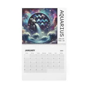 Zodiac Calendar (2024) - High Quality Semi-Glossy Paper, 10.8" x 8.4" Size, Silver Wire Binding, Centered Drill Holes