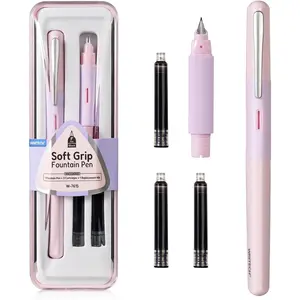 Fountain Pen Soft Grip Fine Nib Black Ink Pen with 3 Ink Cartridges and 1 Replacement Nib Set Smooth Writing for Journaling Calligraphy Gift Pink