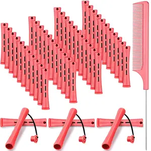 48 Pieces Hair Perm Rods Short Cold Wave Rods Plastic Perming Irons Hair Curling Rollers Curlers with Steel Pintail Comb Rat Tail Comb for Hairdressing Styling Supplies(0.51 Inch,Pink)