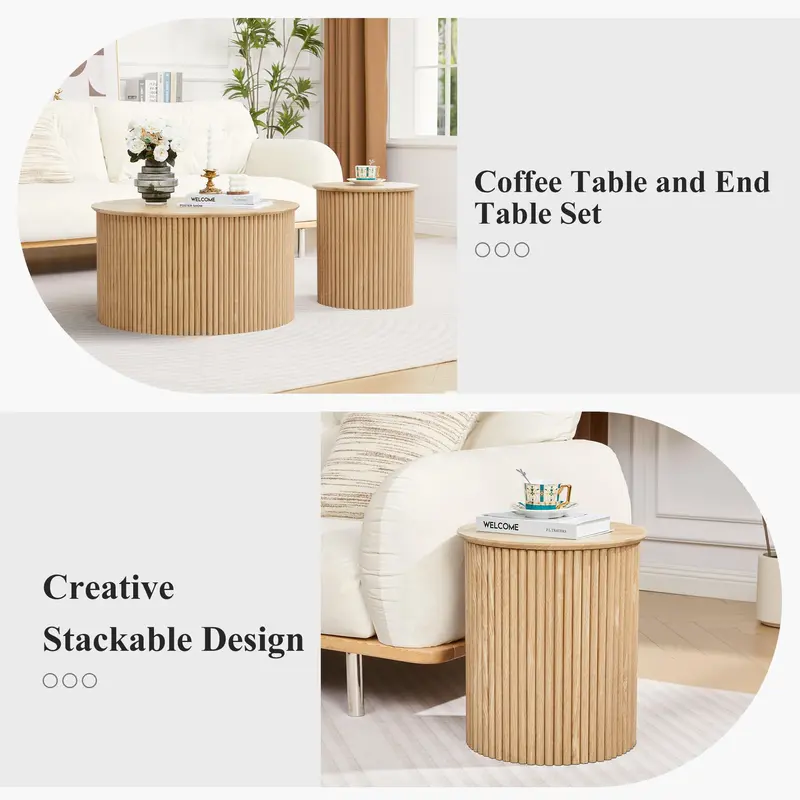 Giratree Fluted Round Nesting Coffee Table Set of 2, Mid Century Modern Wood Coffee Tables and End Table Set, Circle Side Table Minimalist Center Tables for Living Room, Office